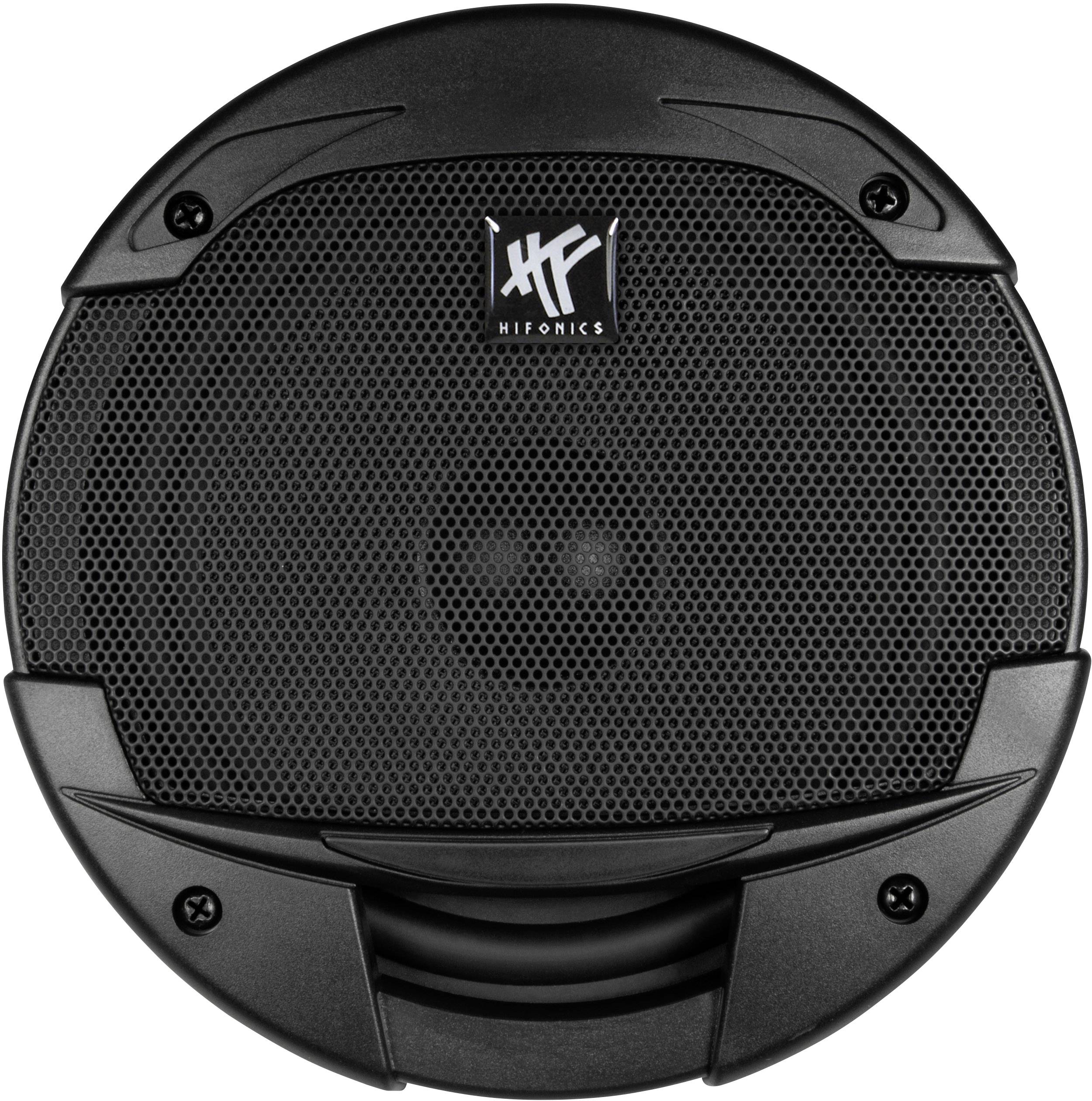 Black, round speaker with a mesh pattern and logo in the centre. Brand name 'Hifonics' visible on the emblem.