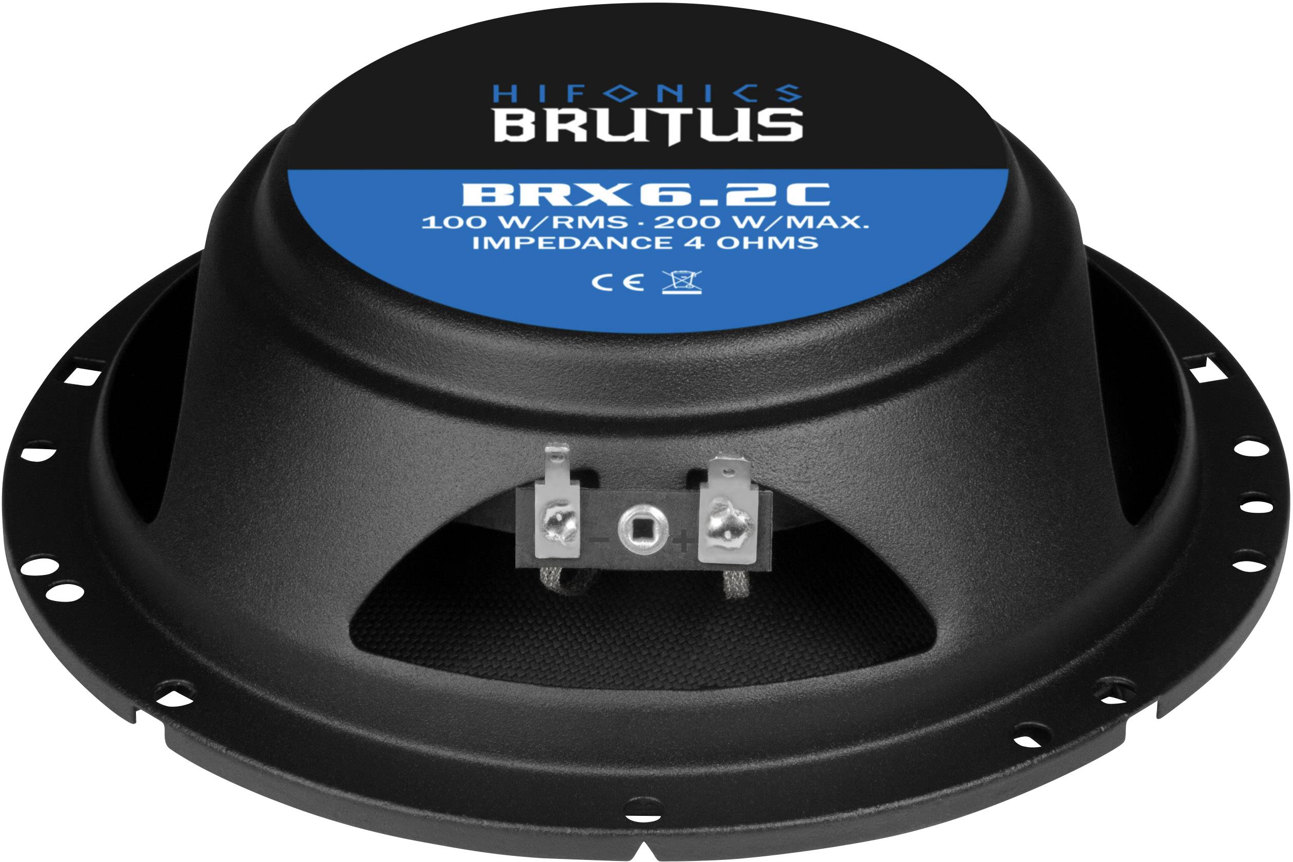 Black loudspeaker with blue sticker, labelled 'BRX 6.2C, 100 W/RMS, 200 W Max, Impedance 4 Ohms', by Hifonics Brutus.