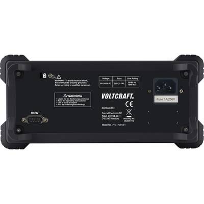 The rear panel of an electronic device with connection options, warning notices, and technical specifications by Voltcraft.