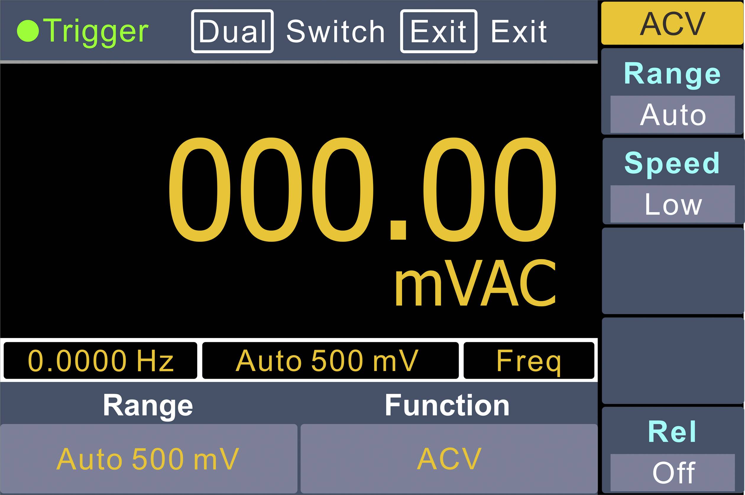 Image shows a multimeter display. Measurement range set to alternating current voltage (ACV) at 000.00 mVAC. Functions: Auto 500 mV, Rel Off.