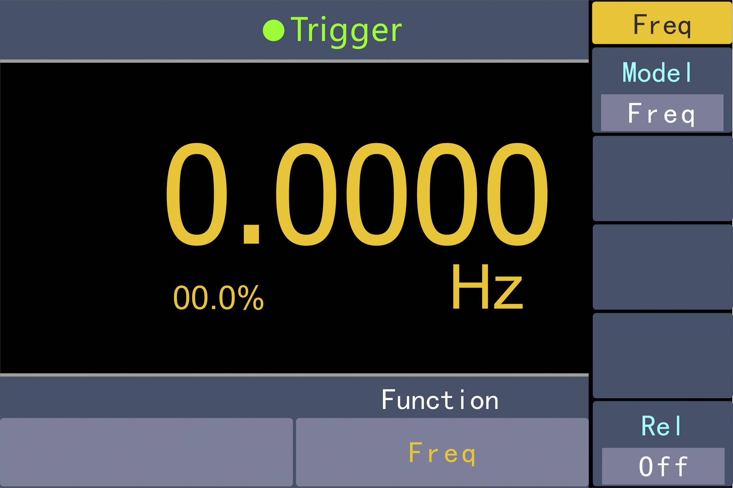 Image of a measuring device with display showing '0.0000 Hz' and '0.0%'. 'Trigger' is written in green at the top, with options 'Freq', 'Model', and 'Rel Off' on the right.