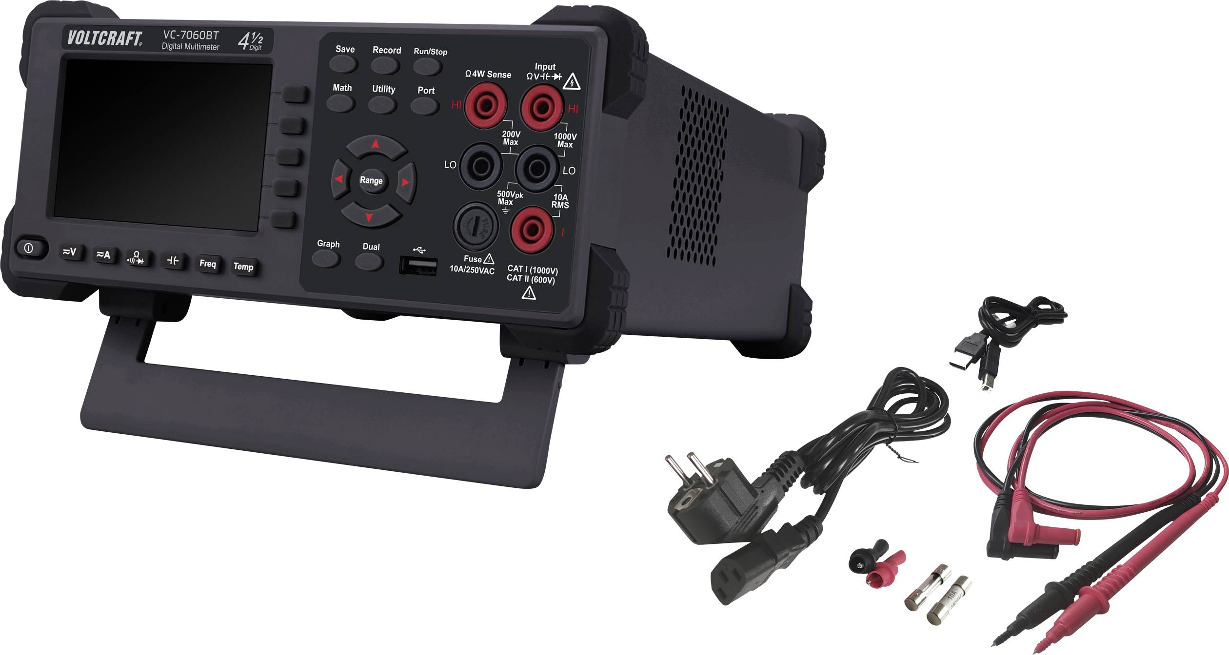 The image shows a digital oscilloscope with accessories, including cables, probes, and connectors. It is used for measuring electrical signals.