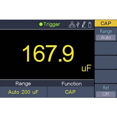 Measuring device display shows capacity: 167.9 µF in Auto mode. Top left: 'Trigger', right: 'CAP', with additional options below.