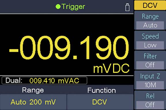 Digital display of a measuring device shows '-009.190 mVDC'. 'Trigger' is written at the top. Options such as 'Range', 'Speed', and 'Filter' are displayed on the side.