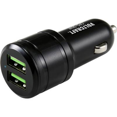 Black USB car charger with two green USB ports, compact and suitable for the cigarette lighter in a car.