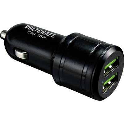 Black car charger with two USB ports by Voltcraft, model CPS-36W. Suitable for charging electronic devices.