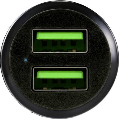 Two USB ports with green interior surfaces, suitable for simultaneously charging two devices.