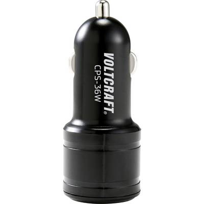 Black car charger by Voltcraft, model CPS-36 W, with two USB ports on the front.