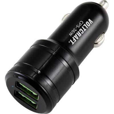 Black glossy USB car charger with two USB ports, suitable for charging two devices simultaneously.