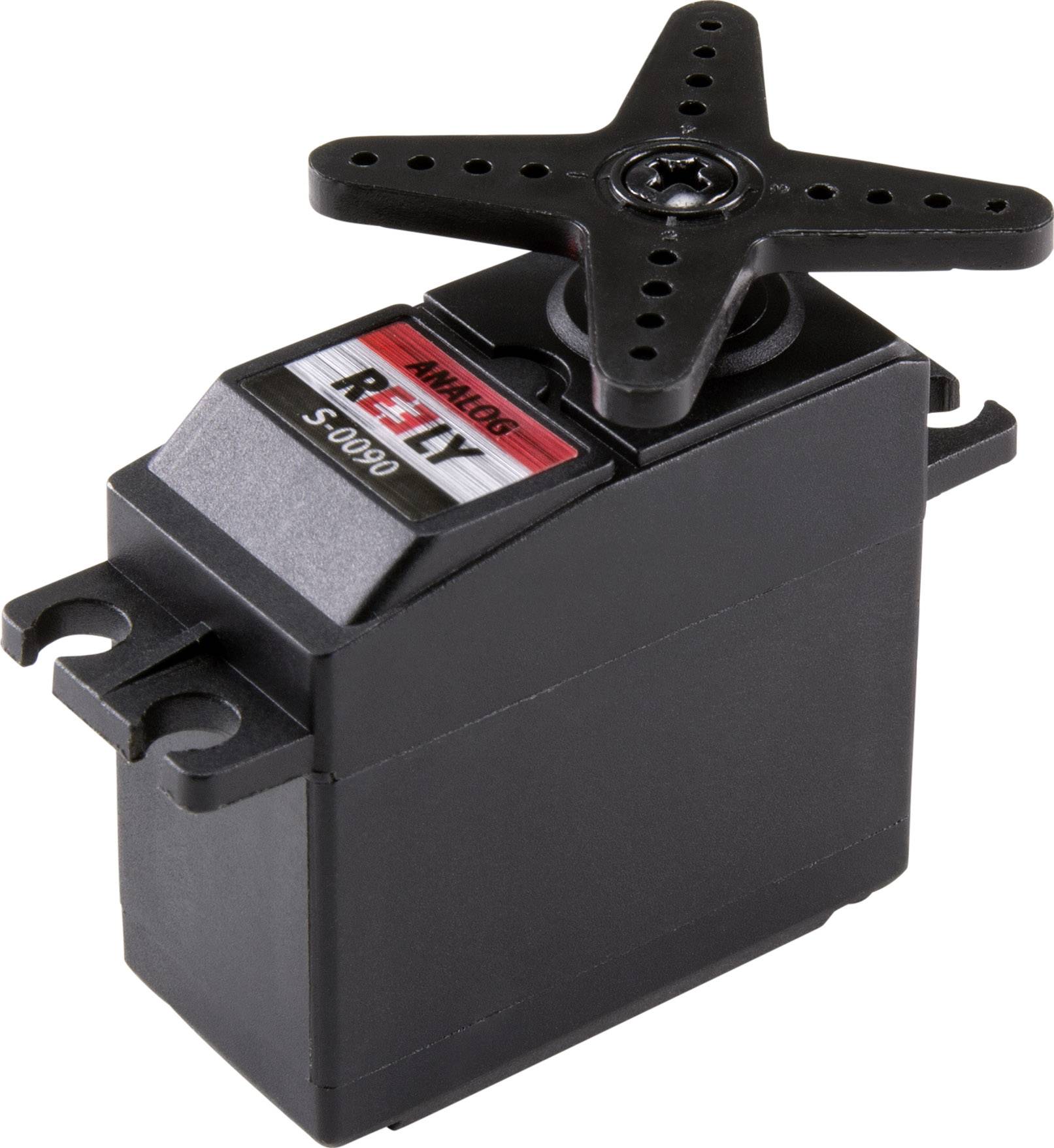 A black analogue servo with a cross-shaped arm and a label 'REELY S-3000' on the front.