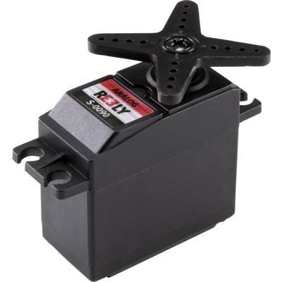 A black analogue servo with a cross-shaped arm and a label 'REELY S-3000' on the front.