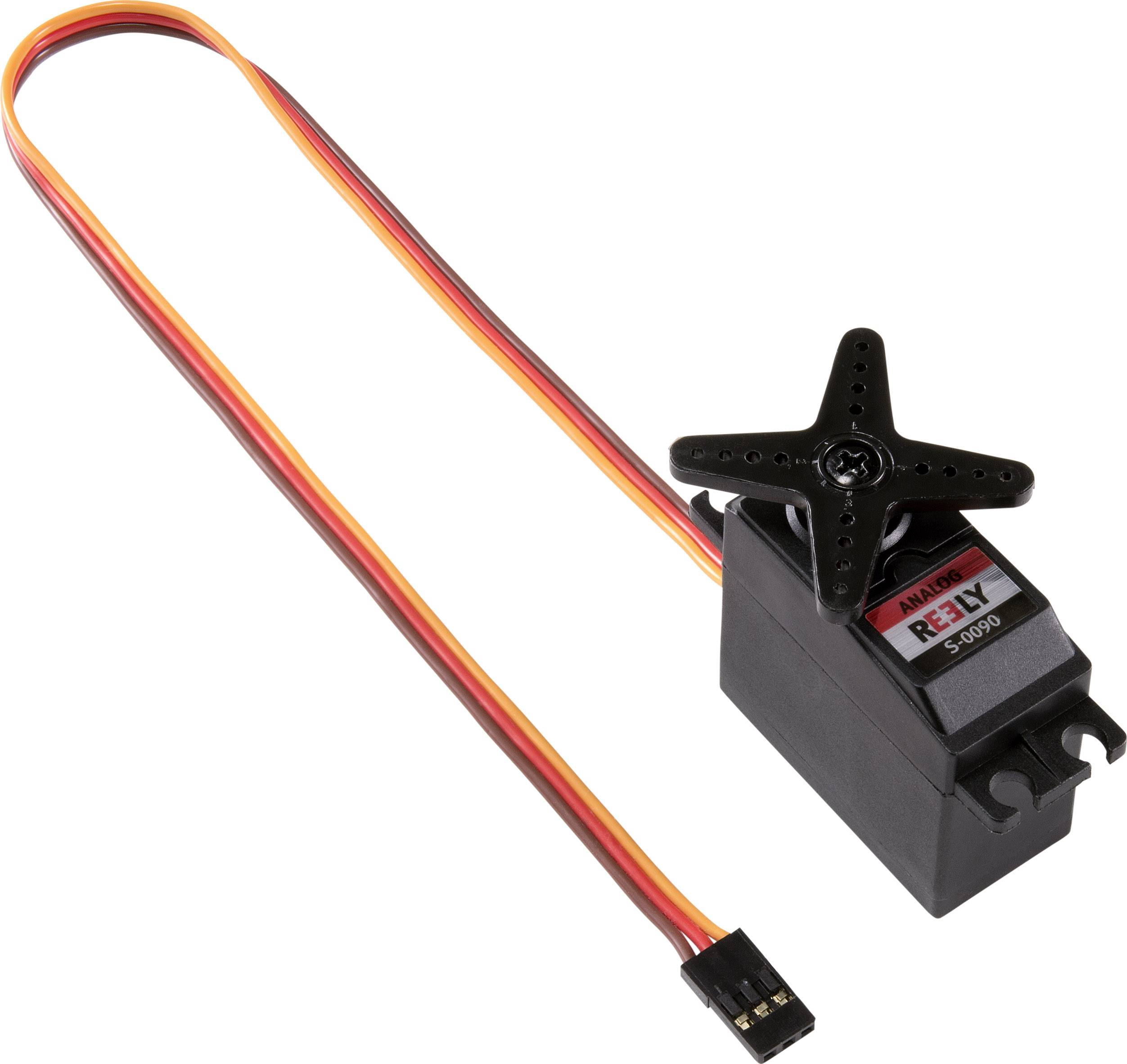 Black servo motor with cable, labelled 'Servo MG90S', X-shaped mounting arm. Device for controlling mechanical movements.