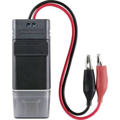 Device with battery, black casing and red and black cable with crocodile clips. Used for voltage testing.