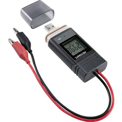 Voltage meter with USB port and display. Red and black cable ending in crocodile clips. Display shows '36.62'.