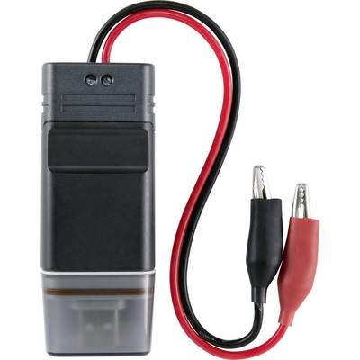 A battery tester with a black casing and two cables: one red and one black, each fitted with clips.