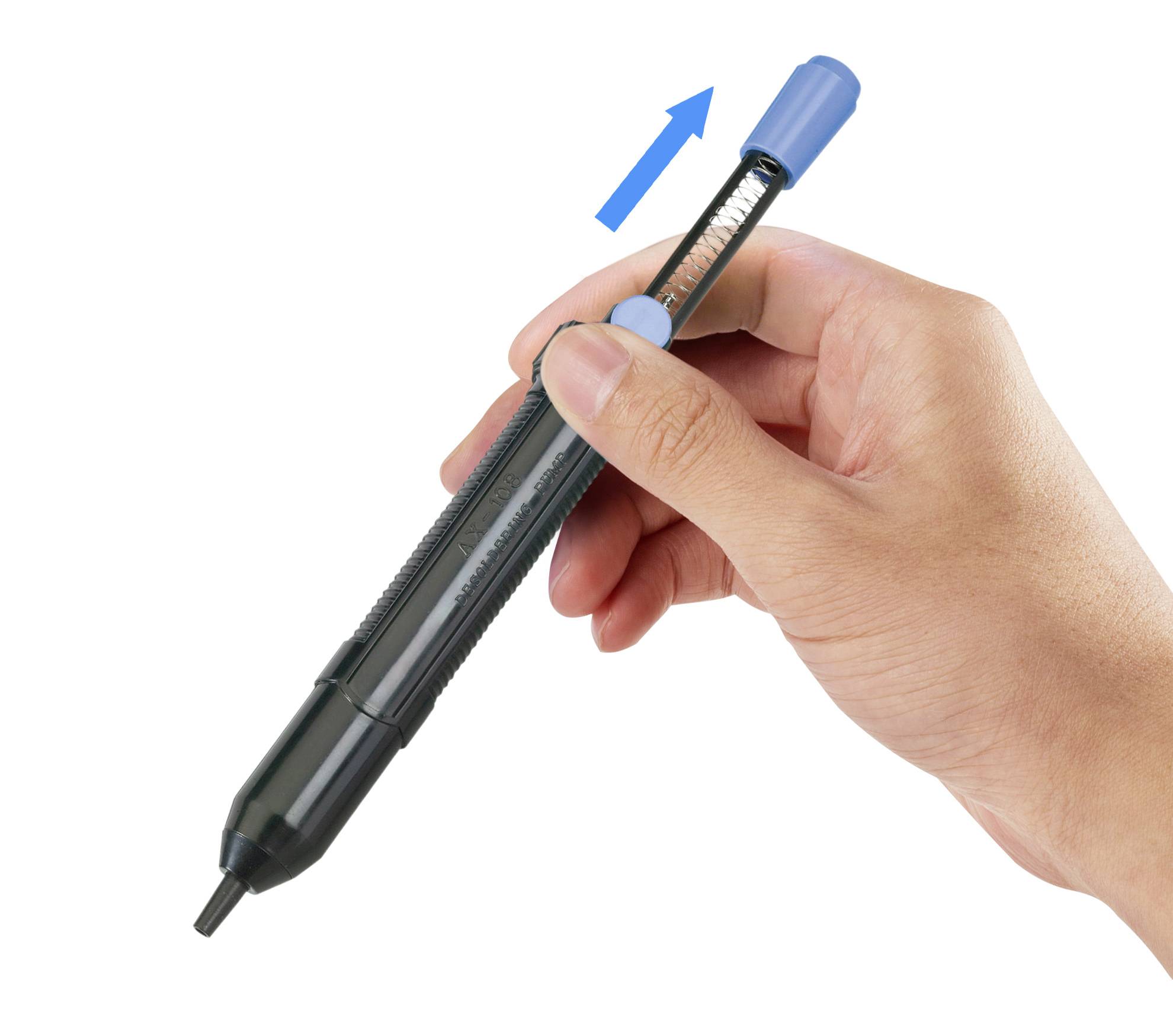 A hand presses the button of a black mechanical pencil, causing the tip to extend and retract. A blue arrow indicates the movement.