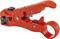 A red plastic cable stripping tool used for removing insulation from electrical cables of various diameters.