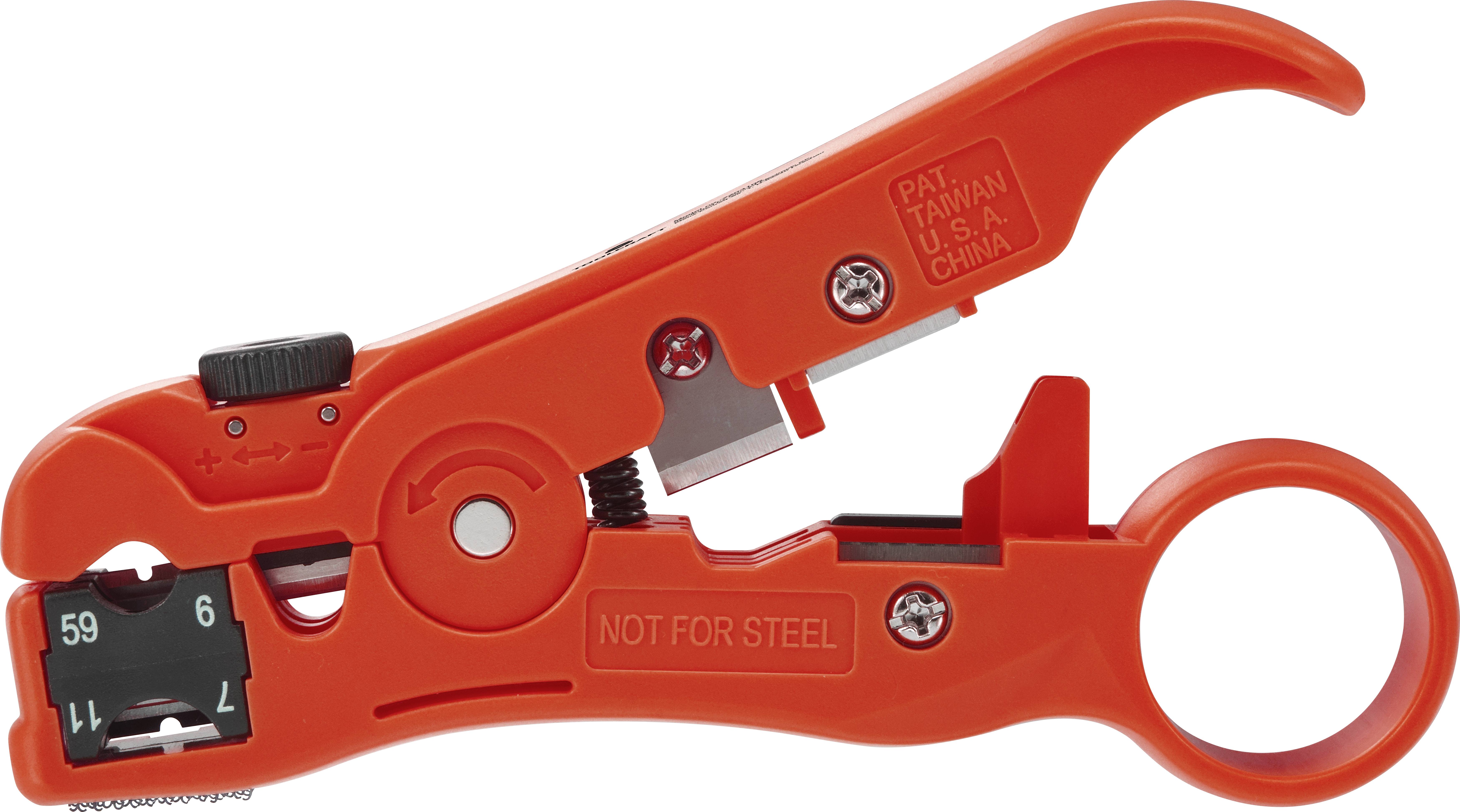 An orange cable stripping tool with a cutting blade, adjustment knob and the inscription 'NOT FOR STEEL', for cable processing.