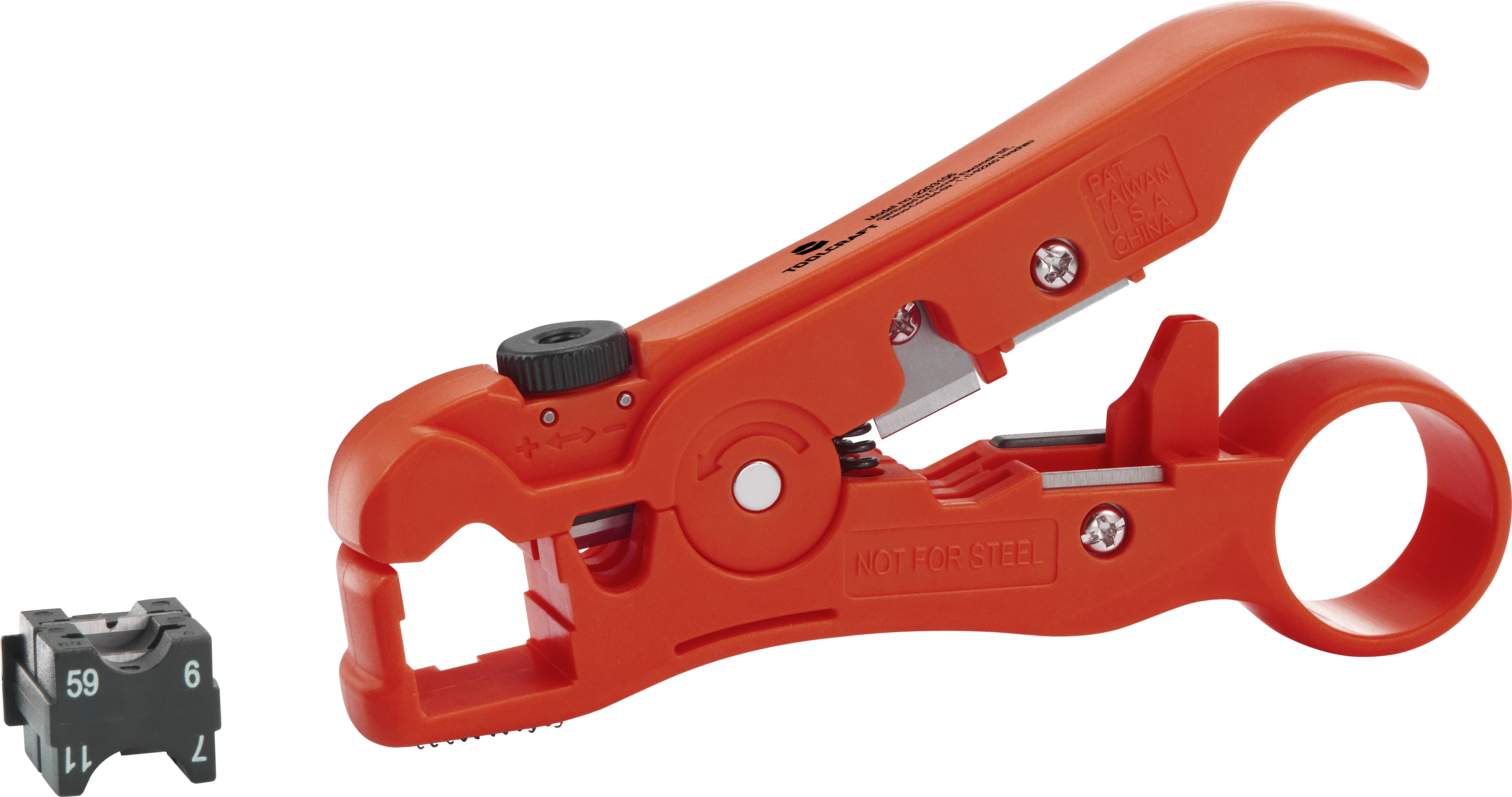 A red wire stripping tool with an adjustable blade and a small black component beside it; used for removing cable insulation.