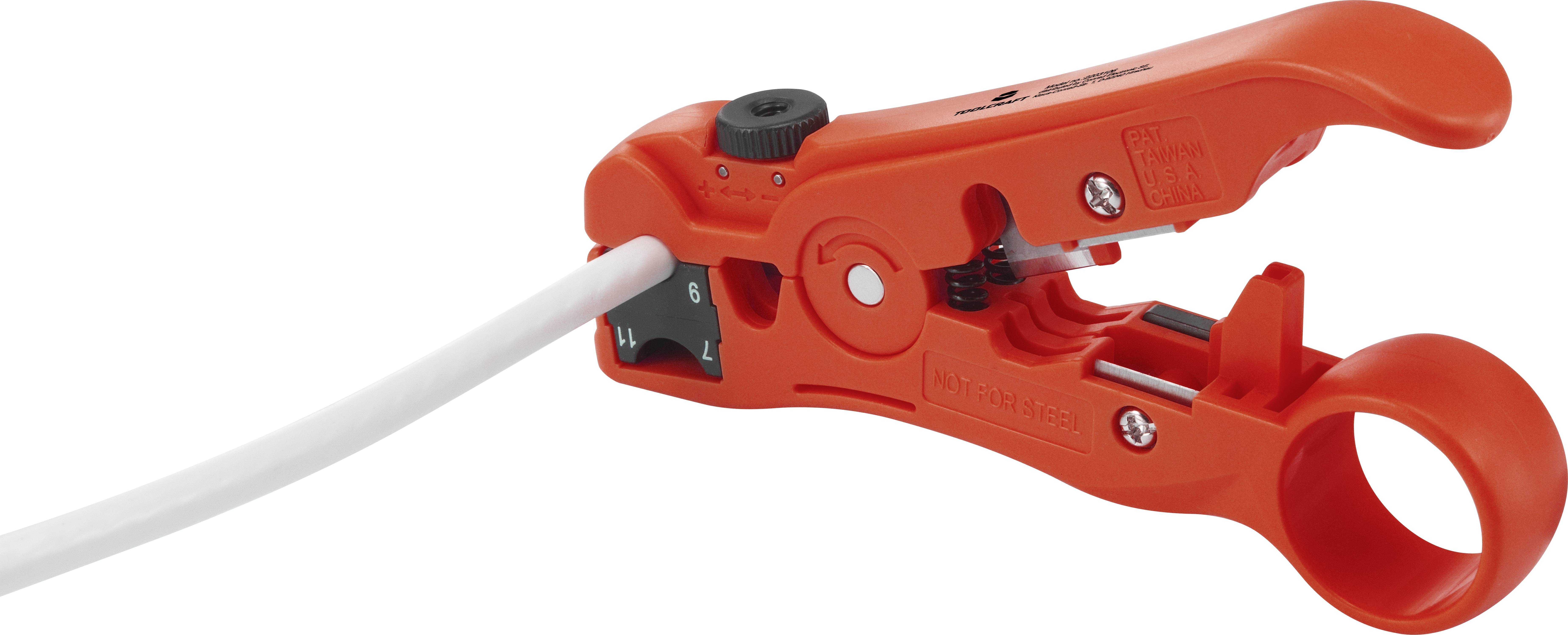 An orange wire stripping tool cuts and removes the insulation from a cable.