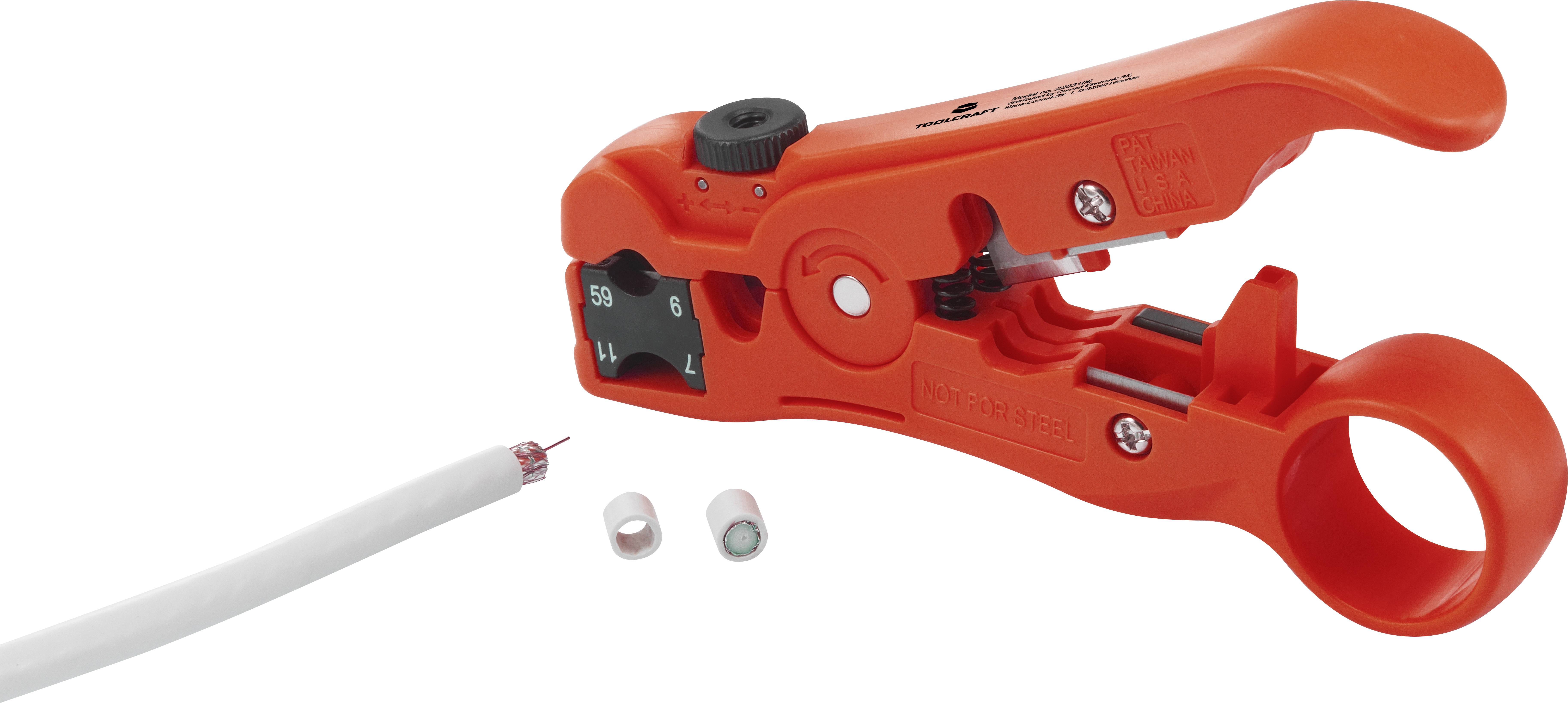 Red wire stripping tool with a white coaxial cable and two stripped wire pieces on a white background.