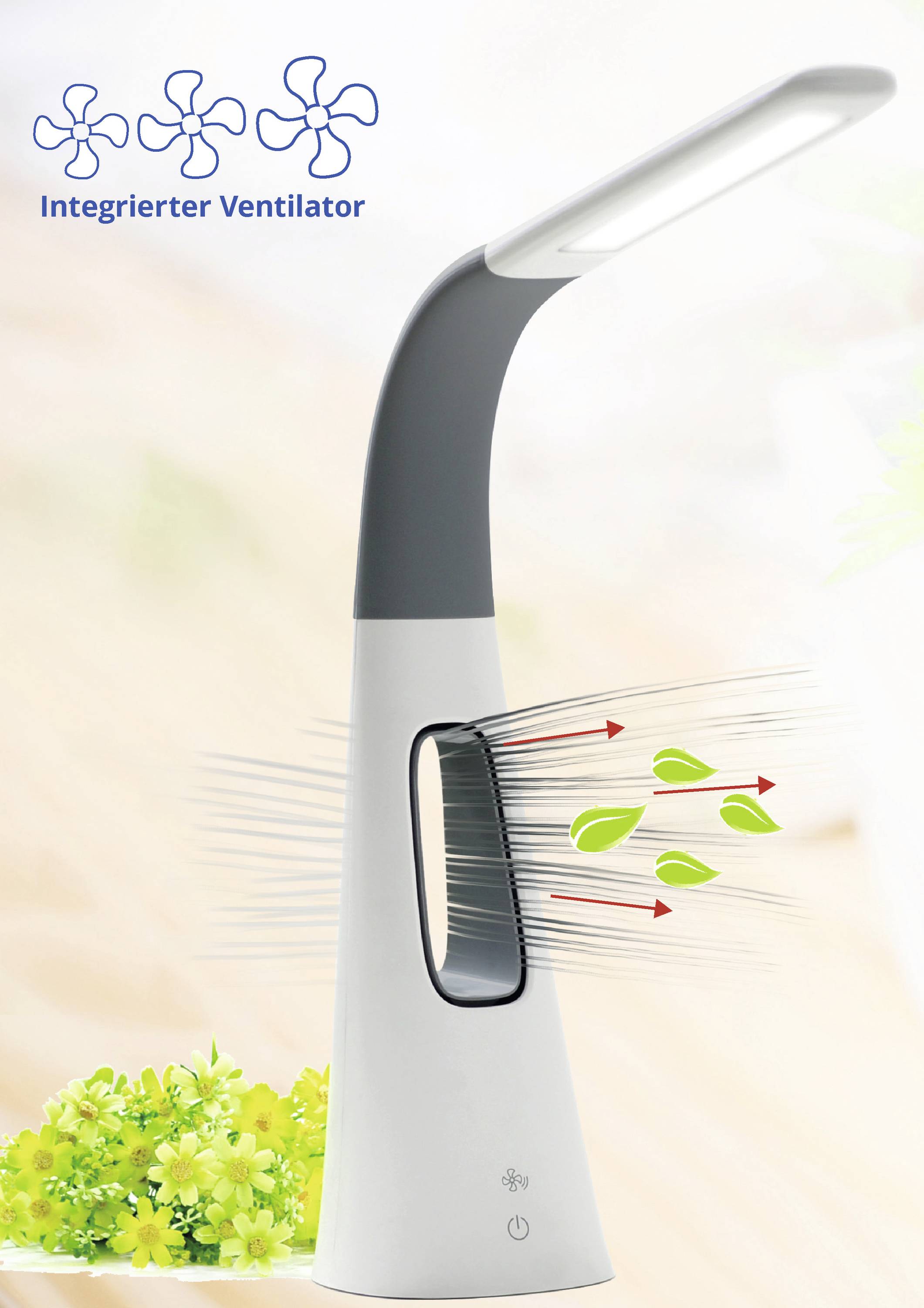 Lamp with integrated fan, showing air flow through red arrows and green leaves, text: 'Integrated Fan'.