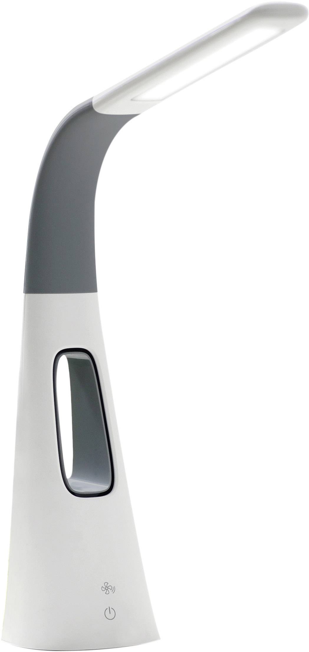 A modern, white table lamp with a curved design and touch switch at the base, suitable for desks or bedside tables.