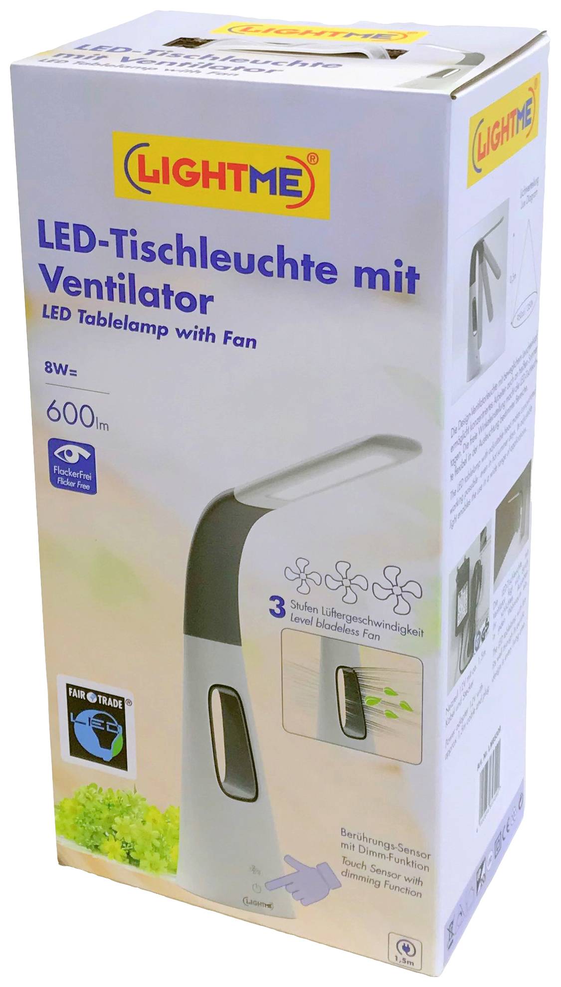 'Packaging for an LED table lamp with fan by LIGHTME. Contains lamp illustration and text in German and English for product description.'
