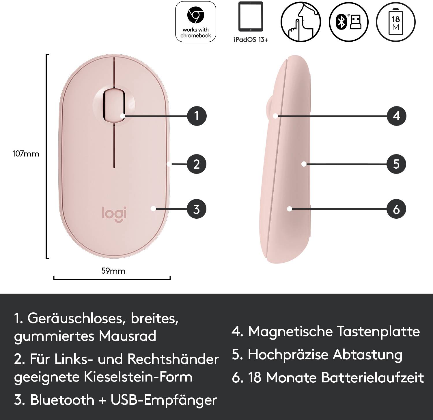 Logitech Pebble M350 Mouse Bluetooth®, Radio Optical Rose 3 Buttons 1000 dpi Quiet keypad-10