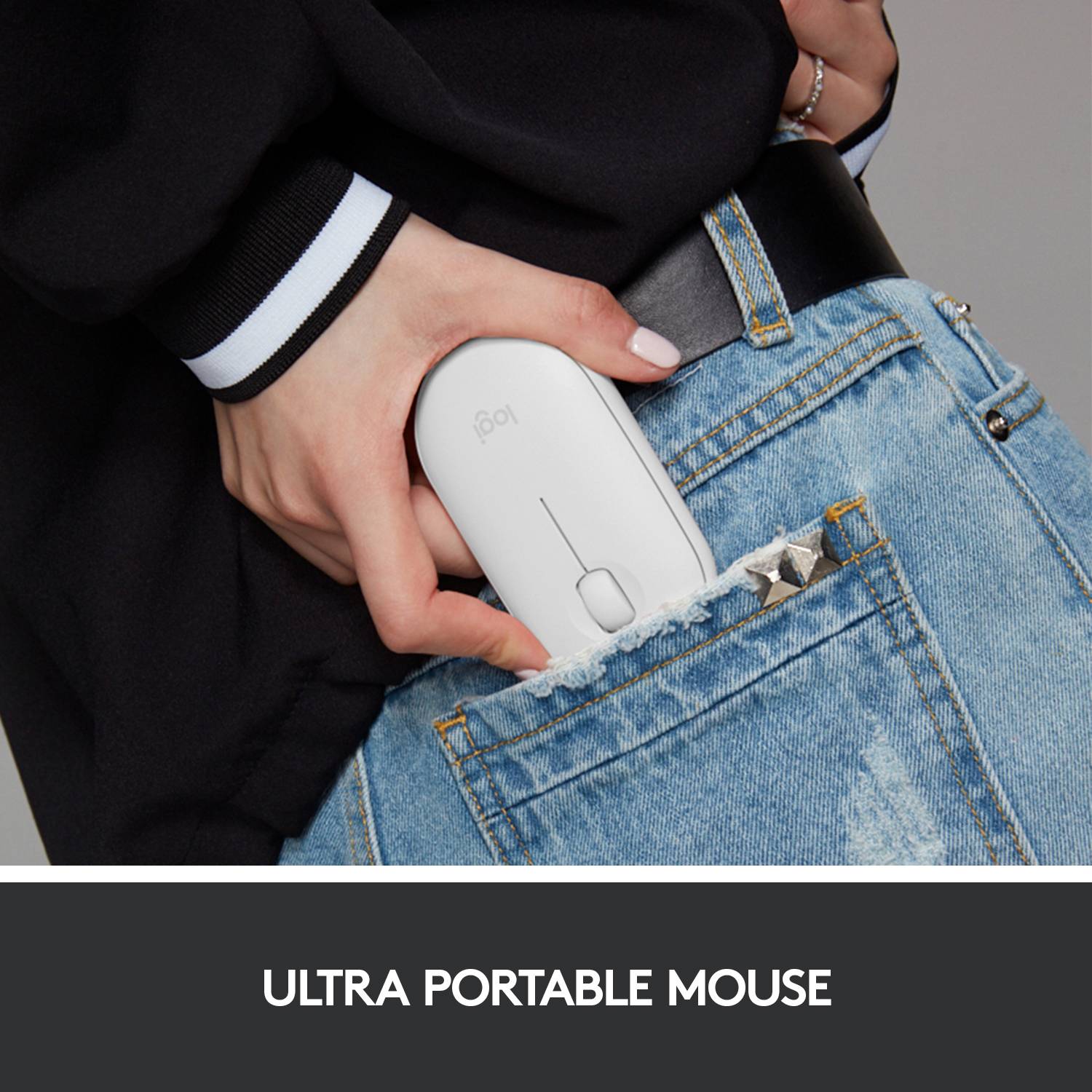 A person takes a white computer mouse out of a jean pocket. Beneath the image is the text 'EXTREMELY MOBILE MOUSE'.<br><br>Note: I translated the text directly, maintaining the original meaning and structure while using British English spelling and phrasing.