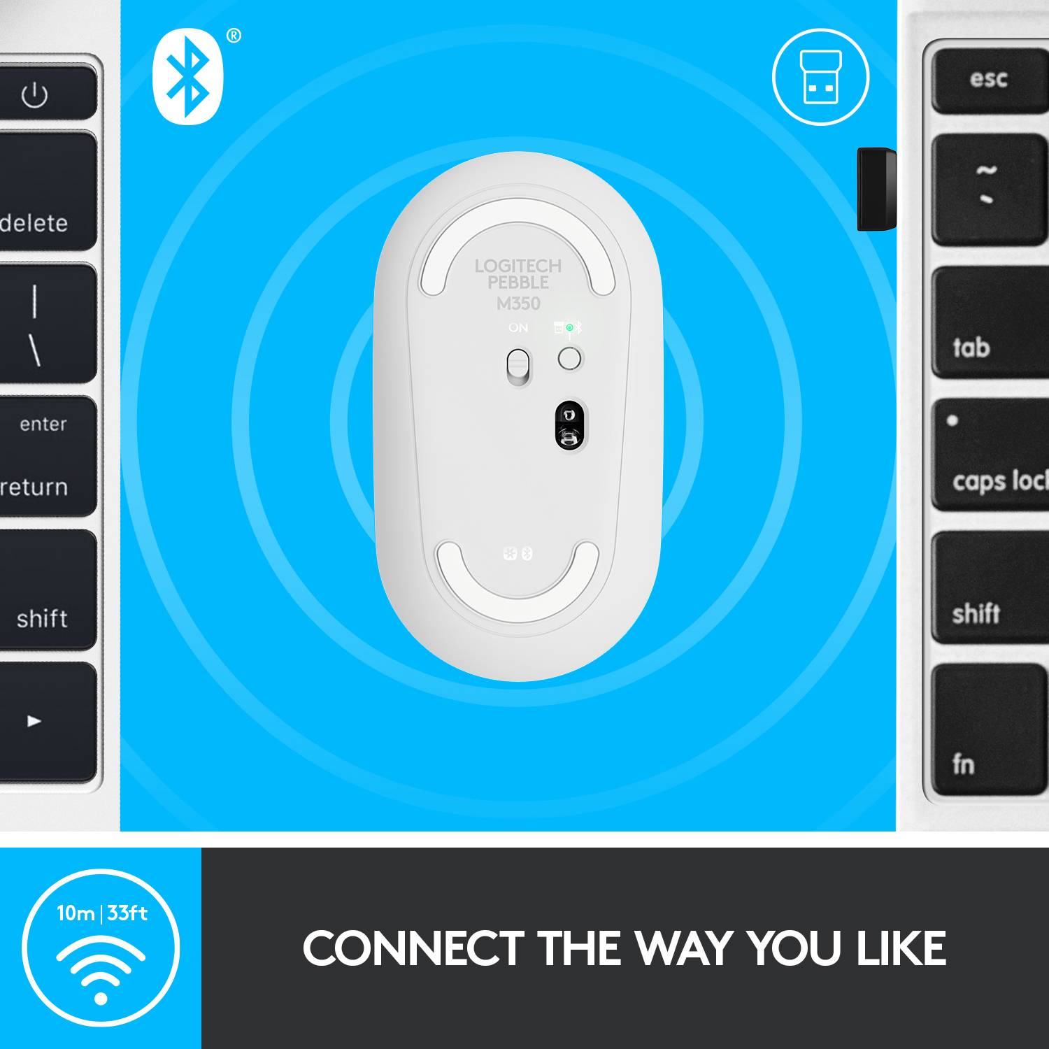 White Logitech Pebble M350 mouse on a blue background between two keyboard sections. Text underneath: 'Connect in your own way'.