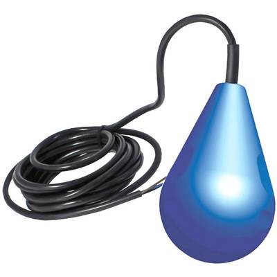 A blue float switch with a long, black cable coiled beside it. The switch is frequently used for level control.