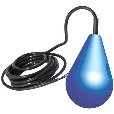 A blue float switch with a long, black cable for controlling water levels in tanks and pumps.
