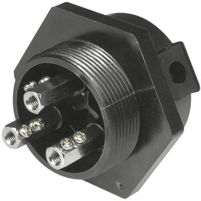 Three-pin black plug with circular design and mounting thread, suitable for industrial applications and electrical installations.