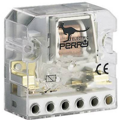 A transparent electrical relay by Perry with five terminals and CE marking, showing the internal copper coils.