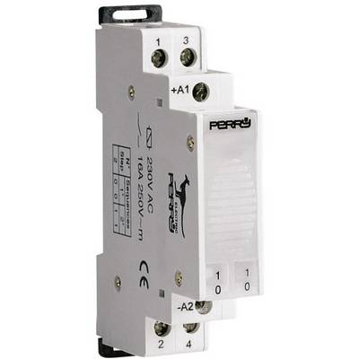 Electrical relay module with 230V AC, Perry brand logo visible. Contains terminals and technical specifications for installations.