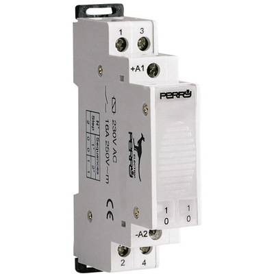 A white electrical switch device with black text, indicating 230V AC and 16A 250V, by the Perry brand.
