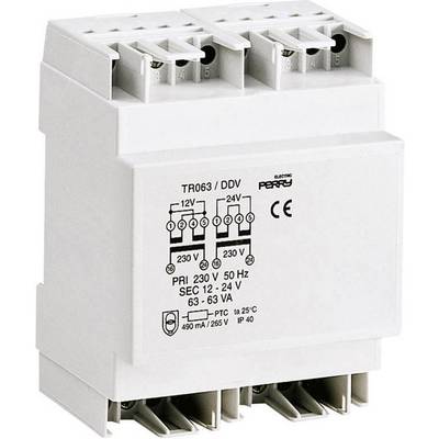 Electrical component, three-phase alternating current transformer, white plastic casing, technical specifications printed, marked with CE marking.