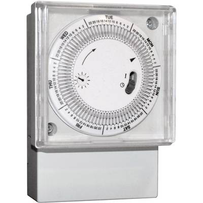 A mechanical time switch which is used for daily or weekly settings. Displays for days of the week and times.