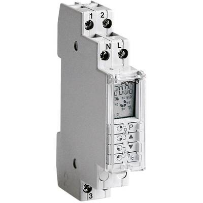 Electronic timer with indicator light and control buttons for time setting. Connections at the top for phases (L) and neutral wire (N).