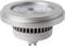 Silver LED spotlight with a round shape and cooling fins; suitable for energy-efficient lighting.