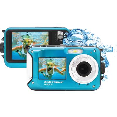 Two blue waterproof cameras, one with a display showing a person wearing a diving mask underwater. Splashing water in the background.
