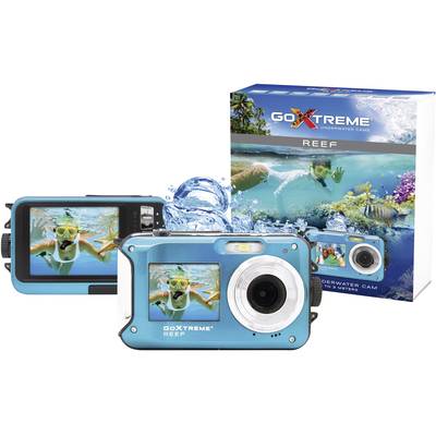 Two blue underwater cameras by GoXtreme Reef. One camera displays a photograph of a diver, the other camera shown in profile. Packaging in the background.