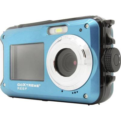 Digital camera in vibrant blue with GoXtreme Reef print, large lens and display. Designed for outdoor activities.