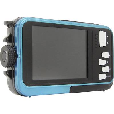 Compact digital camera with blue casing, large display, and several silver control buttons on the side.