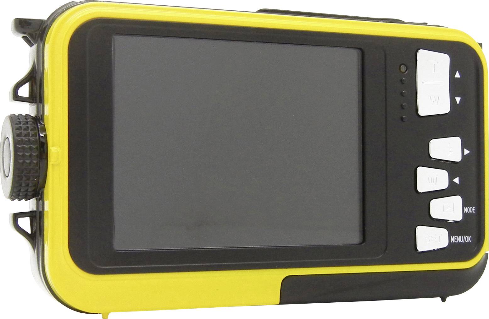 A portable device with a display, yellow border and side control buttons.