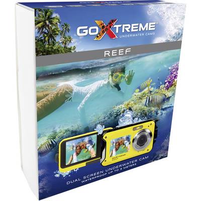 Packaging for an underwater camera called 'GoXtreme Reef', depicting a person snorkelling and fish, camera waterproof up to 3 metres.