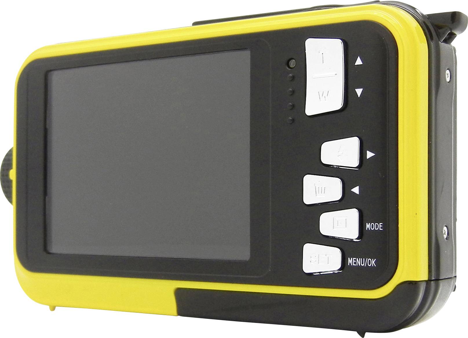 A portable electronic device with a yellow casing and a screen. Several white control buttons are visible on the right side.