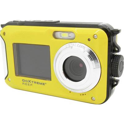 Yellow, waterproof digital camera with large lens and display; suitable for outdoor and underwater photography.