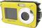 Yellow, waterproof digital camera with large lens and display; suitable for outdoor and underwater photography.